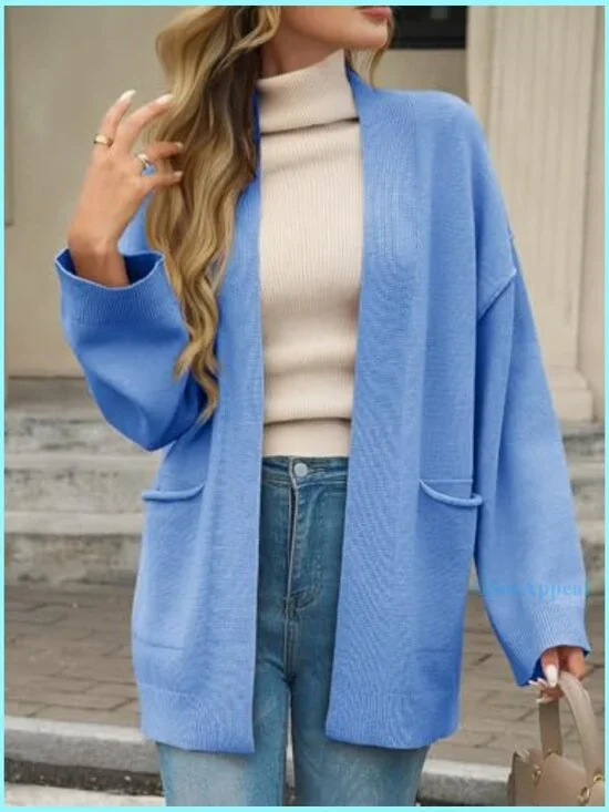 Oversized Cardigan with Pockets, Long Sleeve Open Front Shawl Sweater - Picture 3 of 7